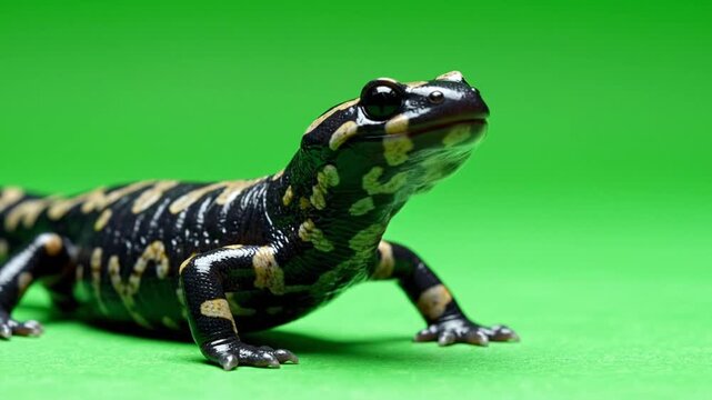 A close-up shot of a black and yellow spotted salamander on a vibrant green background, showcasing its textured skin and alert posture.