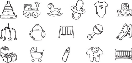 Set of sixteen hand-drawn doodle baby items and toys including stacking rings, train, rocking horse, pacifier, and building blocks.