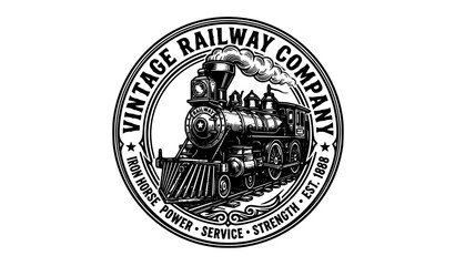 Vintage Train Circular Logo Black and White Retro Railway Badge Vector © MstMahsina