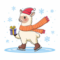 Obraz premium Cute Llama Ice Skating with Gift and Snowflakes
