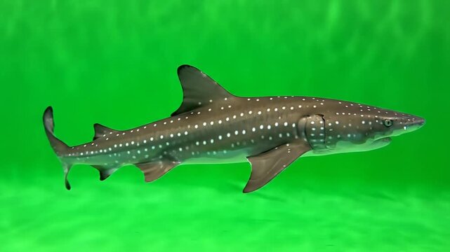 A large whale shark with distinctive white spots and stripes swims gracefully in vibrant green underwater environment.