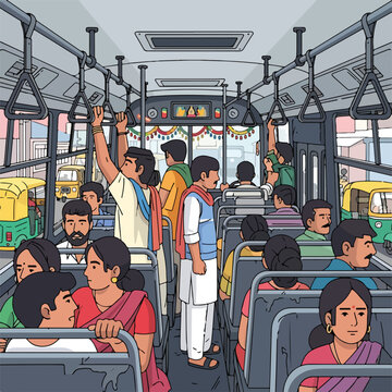 A crowded bus interior with passengers and hanging handrails