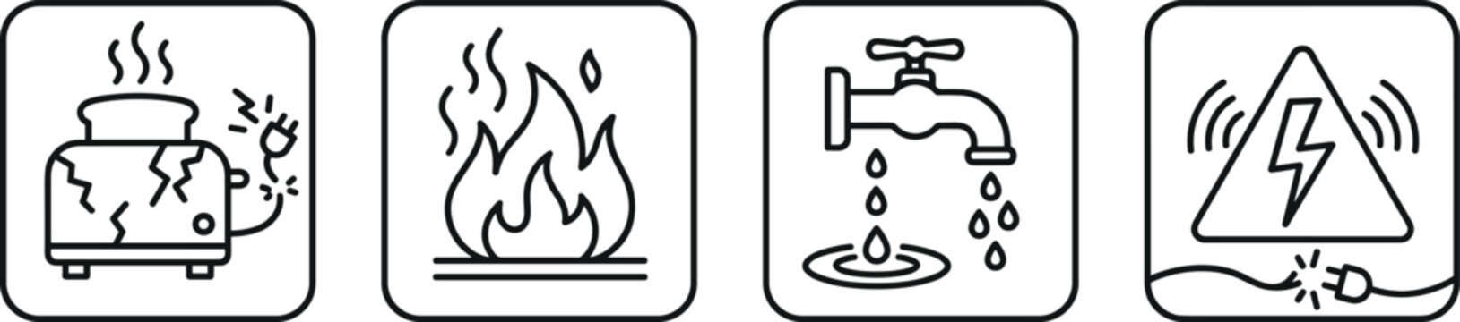 Home safety hazard line icon set featuring broken toaster fire flame leaking water tap and electrical shock danger symbols vector