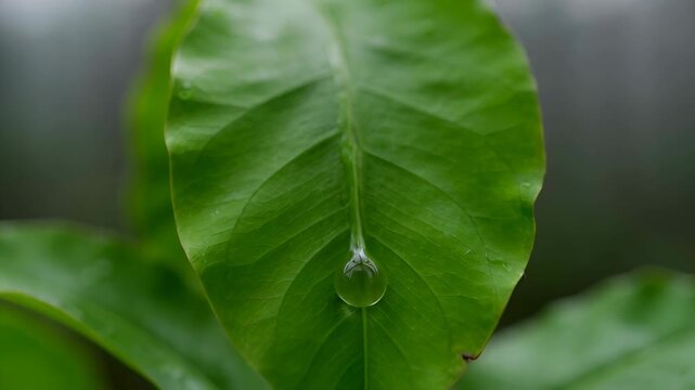 Green leaf with water droplet tropical plant closeup soft natural light wet botanical macro fresh nature background
