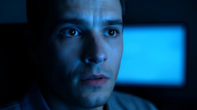 Man face closeup portrait in blue light screen glow, serious expression, dark room mood, pensive gaze, skin detail, cinematic look