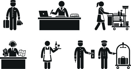 Hotel service workers black pictogram collection featuring receptionist maid with cleaning cart waiter bellboy porter and concierge icons vector © MDMAHABUR