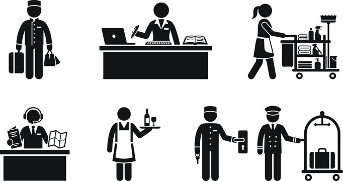 Hotel service workers black pictogram collection featuring receptionist maid with cleaning cart waiter bellboy porter and concierge icons vector