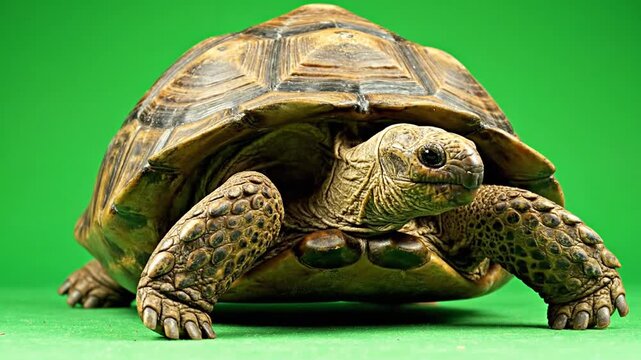 A detailed close-up shot of a large tortoise with a textured shell and scaly skin, standing against a vibrant green background.