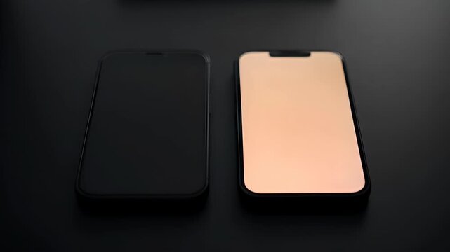Smartphone mockup on dark surface with blank black and beige screen, pair minimal device, modern mobile display, shadow reflection