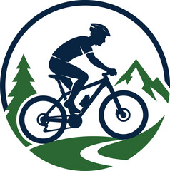 Fototapeta premium Mountain biker silhouette riding a bicycle within a circular frame with forest and hills