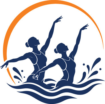 Synchronized swimming duo silhouette with water splashes and orange circular background