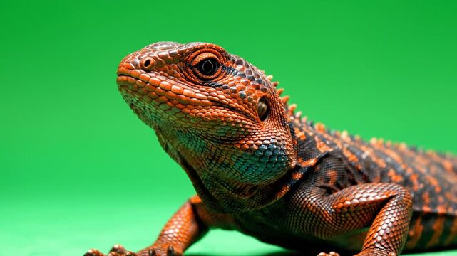 Close-up of a vibrant reddish-brown lizard with intricate scales and blue markings against a bright green background.