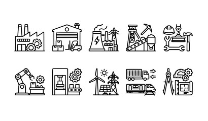 Fototapeta premium Modern industry outline icon set factory production and energy infrastructure vector isolated on white background