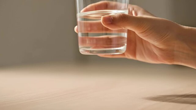 Clear water glass in human hand on table, closeup warm light, drink liquid home interior, glass of water clean and calm