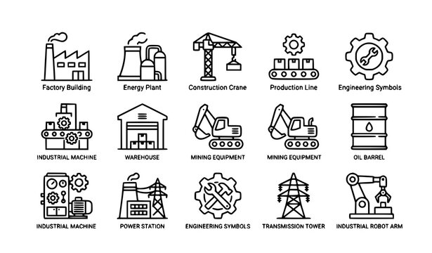 Industry outline icon set manufacturing energy construction and warehouse vector isolated on white background