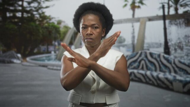 Woman crossing arms in an x gesture by a fountain on a street, stern expression with visible hands and forearms; defiance.