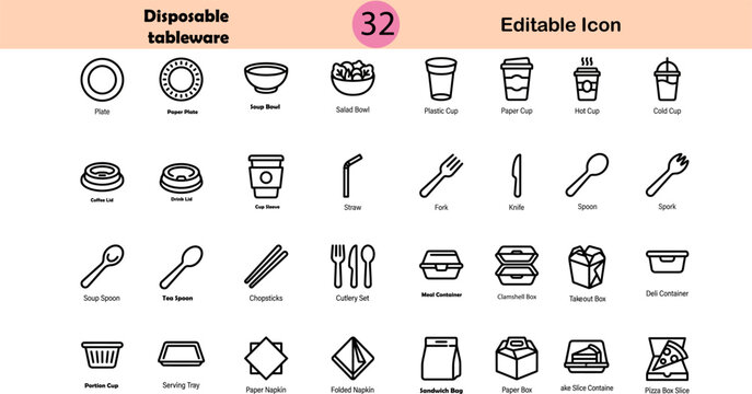 Disposable Tableware and Food Packaging Icons, Takeout Container and Cutlery Symbols