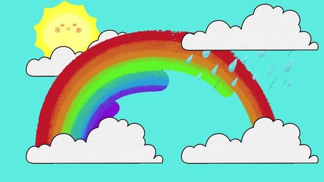 Cute cartoon weather animation with sun, rain clouds and rainbow appearing on teal background