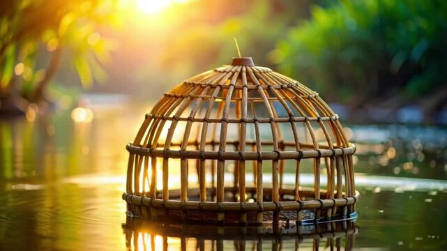 Traditional bamboo fish trap floating on water during golden hour sunset