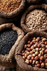 Fototapeta premium Raw hazelnuts and organic seeds stored in rustic burlap sacks in a cinematic macro shot for health food and culinary branding