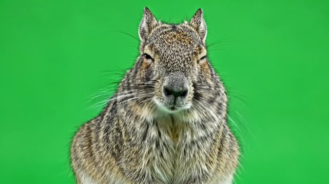 A close-up front view of a degu, a small rodent, standing against a vibrant green screen background.