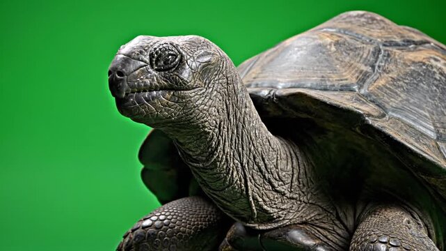 Close-up portrait of a large, ancient tortoise with a wrinkled neck and head against a vibrant green background.