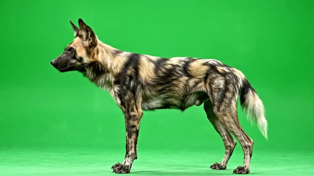 An African wild dog, also known as a painted wolf, stands in profile against a vibrant green screen, showcasing its unique mottled fur pattern.