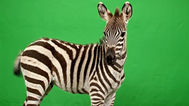 A zebra stands against a vibrant green screen background, looking directly at the camera.