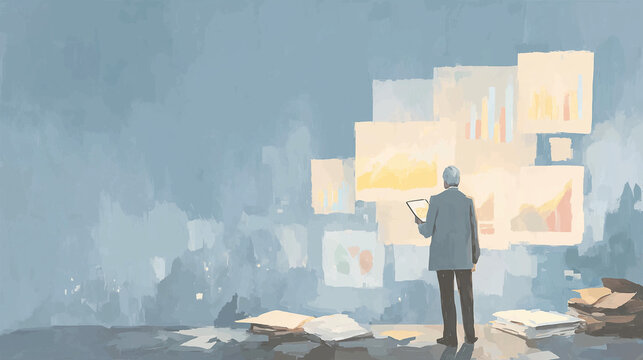 An oil painting illustration of a middle-aged man working while reviewing various data / 様々なデータを見ながら仕事する中年男性の油彩イラスト