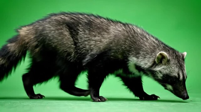 A long-nosed coati, a mammal with dark fur and a ringed tail, walks on a vibrant green background, sniffing the ground.