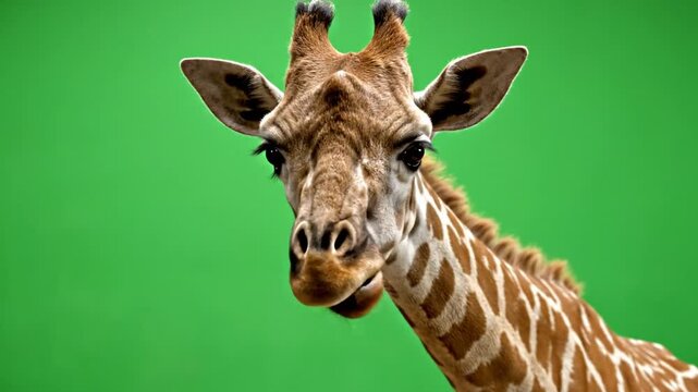 Close-up portrait of a giraffe's head and neck with its distinctive spotted pattern against a vibrant green background.