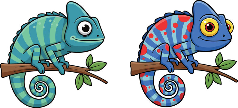 Two cute cartoon chameleon lizards vector illustration with colorful blue and green skins sitting on tree branch isolated on white background for kids design