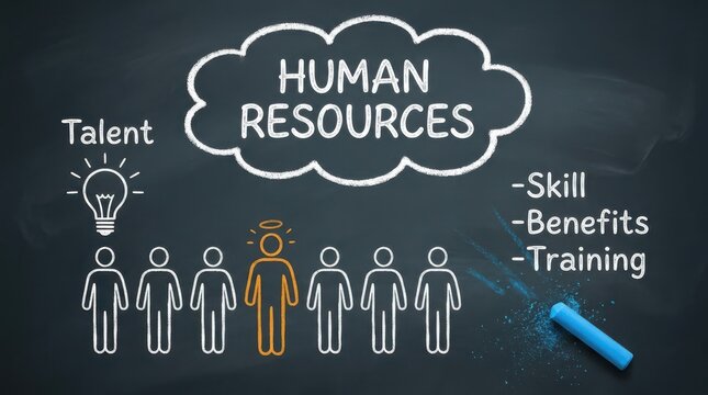Hand drawn human resources diagram on blackboard showing talent pool with one highlighted candidate.