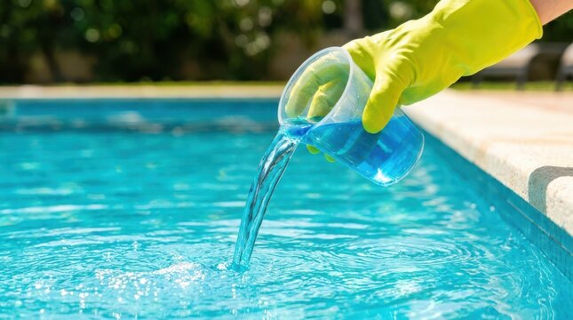 Hand pouring blue liquid chemical into swimming pool water for maintenance and balance treatment.