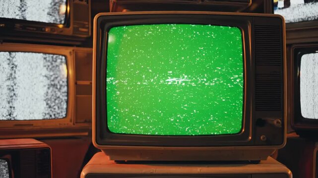 Stack of old televisions with static screens showcasing contemporary design and abstract concepts
