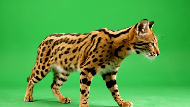 A serval cat with spotted fur walking against a vibrant green screen background, showcasing its elegant stride and unique markings.