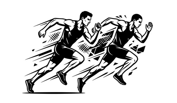 Two male runners black and white sports illustration with athletic sprint action vector