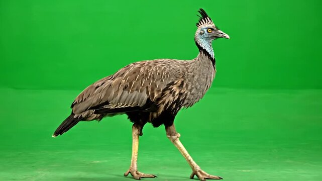 A large, flightless bird with a blue neck and casque walks against a vibrant green background.