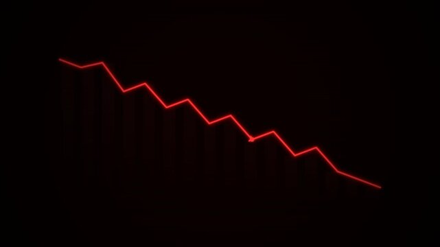Red financial index line crashing on dark grid in slow motion for stock market analysis and bankruptcy news