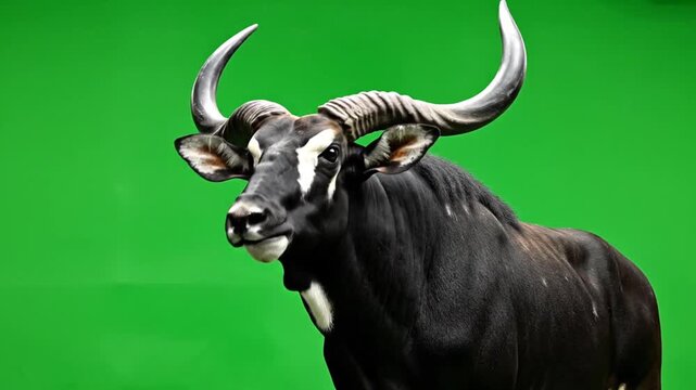 A majestic gaur, also known as an Indian bison, with large curved horns and dark fur, stands against a vibrant green background.
