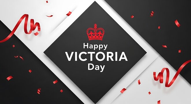 Victoria Day celebration banner with red crown and ribbons, elegant black and white geometric background, festive holiday greeting card