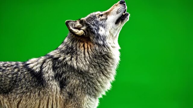A majestic gray wolf with thick fur howling against a vibrant green background.