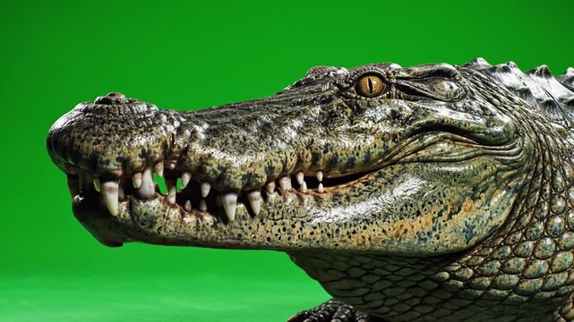 Close-up side profile of a powerful crocodile's head with sharp teeth and yellow eyes against a vibrant green background, showcasing its scaly skin.