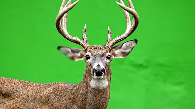 Majestic buck deer with large antlers looking directly at the viewer against a vibrant green background, perfect for compositing.