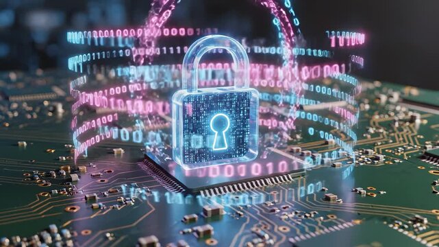Digital padlock on circuit board ideal for software, IT, and cybersecurity commercial use