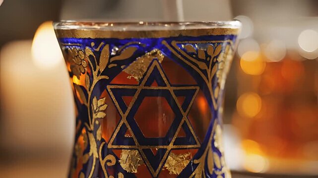 Closeup of a decorative glass with Star of David holding a beverage.