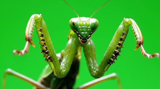 Close-up head-on view of a vibrant green praying mantis with its raptorial forelegs raised against a bright green background.