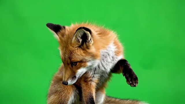 A red fox with a white chest and black paws looking down on a green screen background in a studio setting.