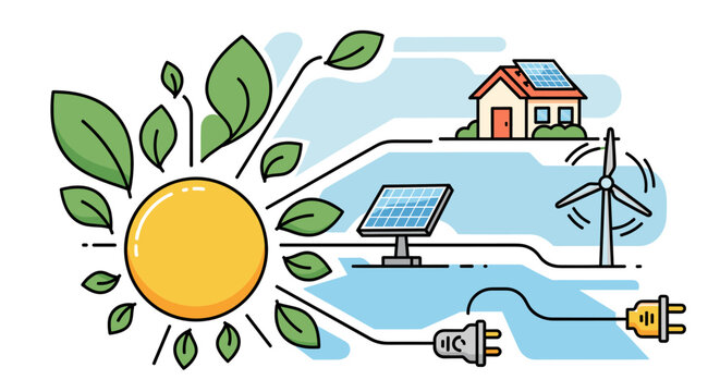 Illustration of renewable energy sources and sustainable power generation connecting to a home.
