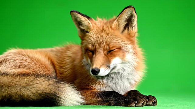 A beautiful red fox with closed eyes resting peacefully against a vibrant green background.